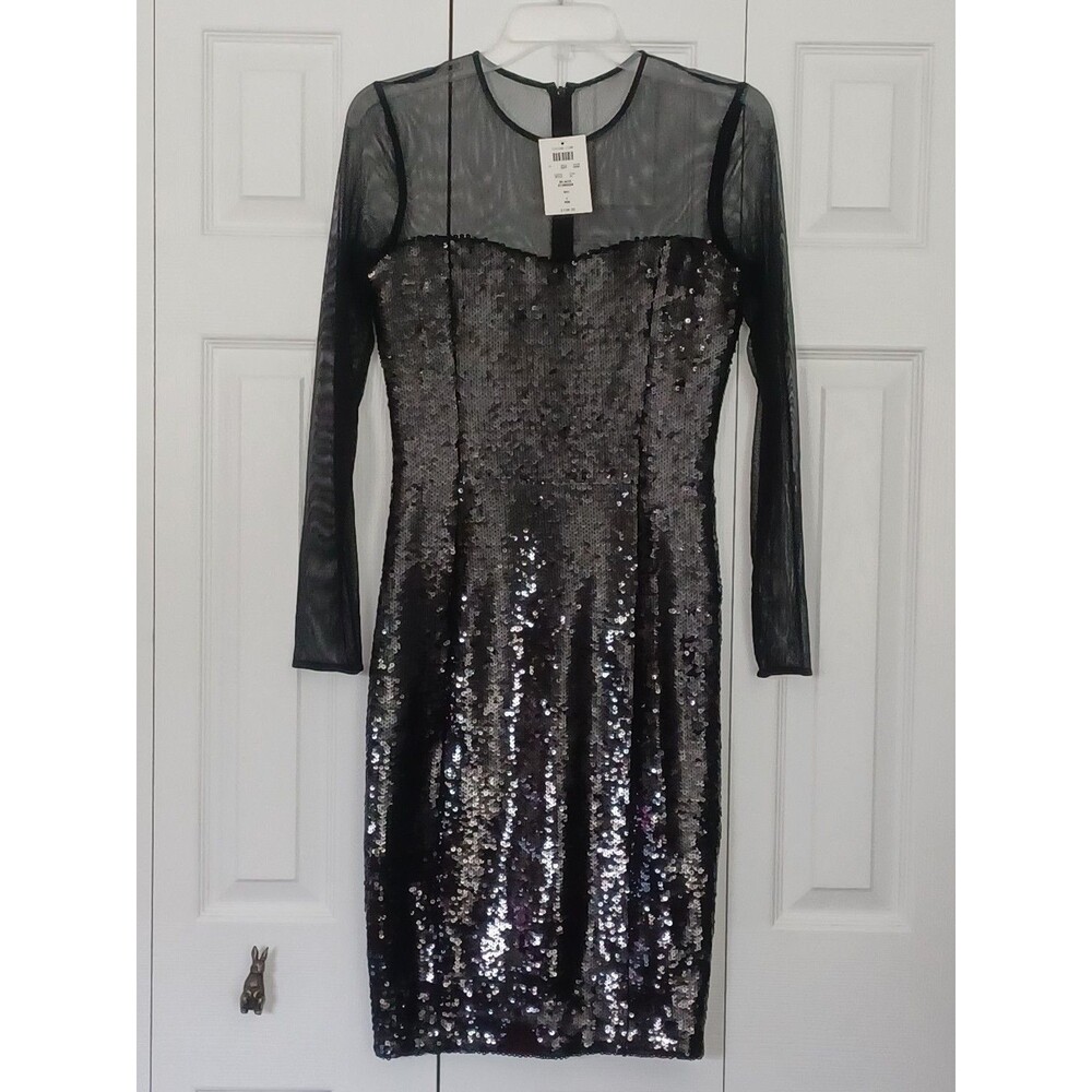 NWT Cache Vintage sheer sleeves chest sweetheart neck black sequin dress Size 6